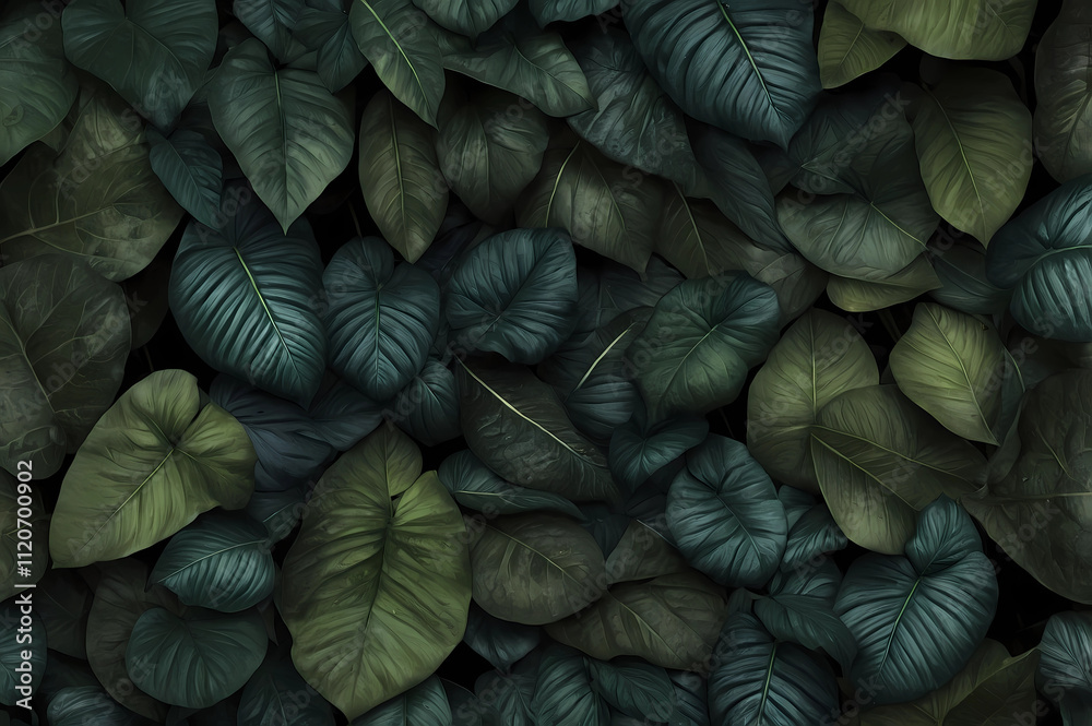 A close up of green leaves with a dark background A close up of green leaves with a dark background
