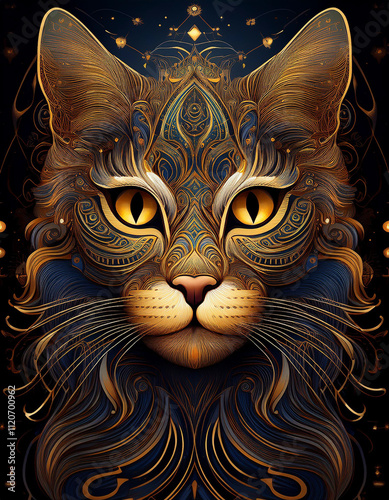 Majestic portrait of a cat with glowing golden eyes, intricate fur patterns, and a radiant aura, blending artistic elegance with mystical elements