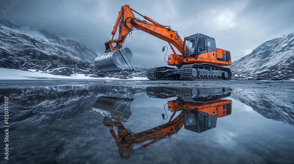 Industrial excavator working in a rugged, misty landscape with reflective water at dawn Industrial excavator working in a rugged, misty landscape with reflective water at dawn