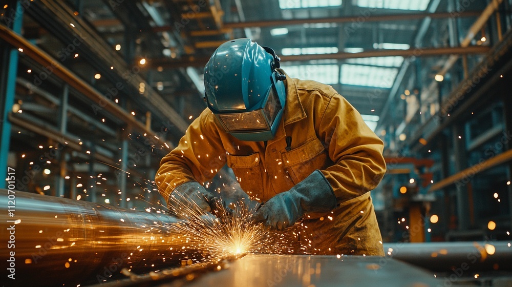 Welding sparks illuminate the workshop as a dedicated worker fuses metal in a vibrant industrial setting Welding sparks illuminate the workshop as a dedicated worker fuses metal in a vibrant industrial setting