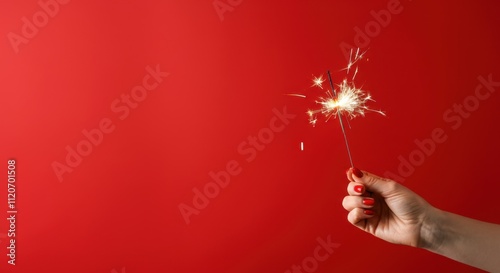 Hand holding sparkler against red background with nails