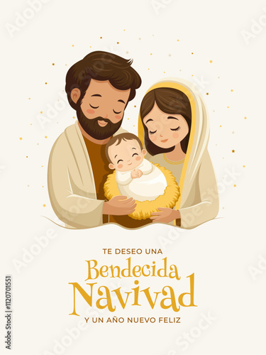Escena de Natividad en Nochebuena. Nacimiento de Jesucristo. Feliz navidad. Sagrada Familia	
