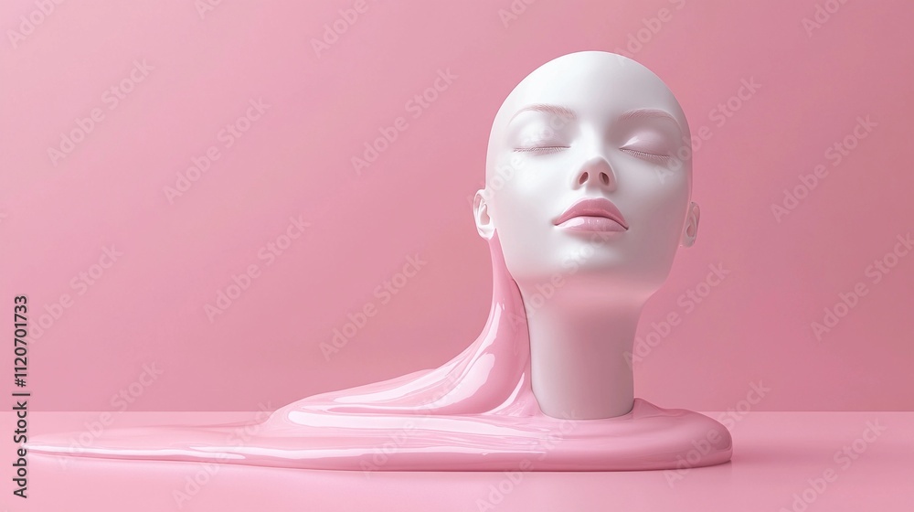 Captivating minimalist art features a sleek white mannequin head merging with a flowing pink substance on a soft background Captivating minimalist art features a sleek white mannequin head merging with a flowing pink substance on a soft background