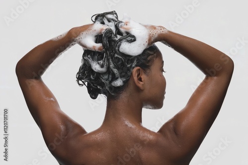 Back view of a Black woman washing her hair with shampoo, arms raised and lather visible
