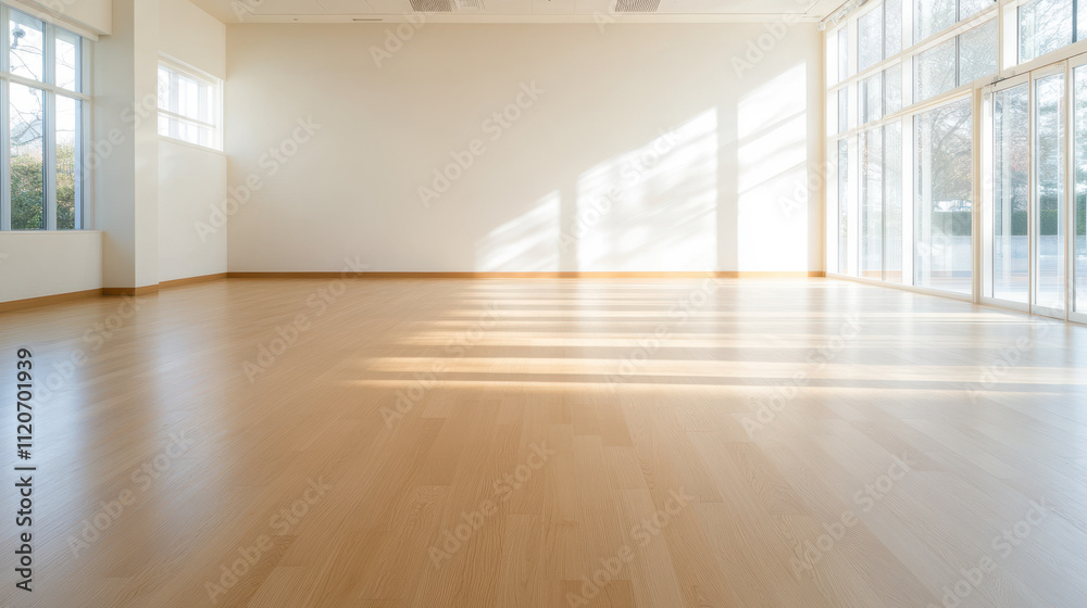 Fototapeta premium Empty Room with Wooden Floor and Large Windows