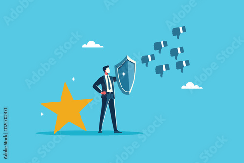 Businessman with Shield Safeguarding Stellar Reputation from Negative Feedback