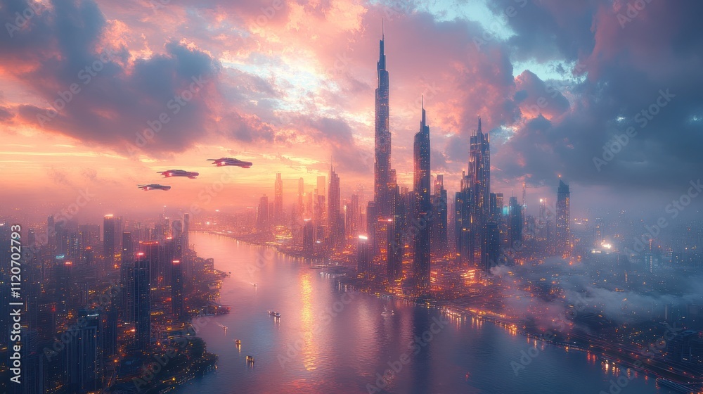 Futuristic city skyline at sunset with flying vehicles. Futuristic city skyline at sunset with flying vehicles.