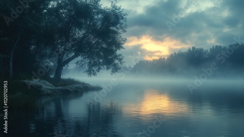 Misty sunrise over calm lake with solitary tree.