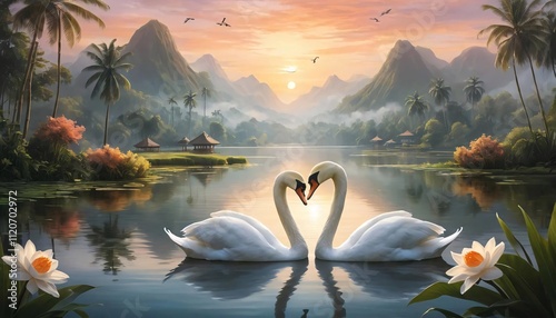 Fototapeta Naklejka Na Ścianę i Meble -  A pair of swans gracefully gliding across a calm lake, their necks intertwined to form a heart, embodying love and elegance in a peaceful natural setting.