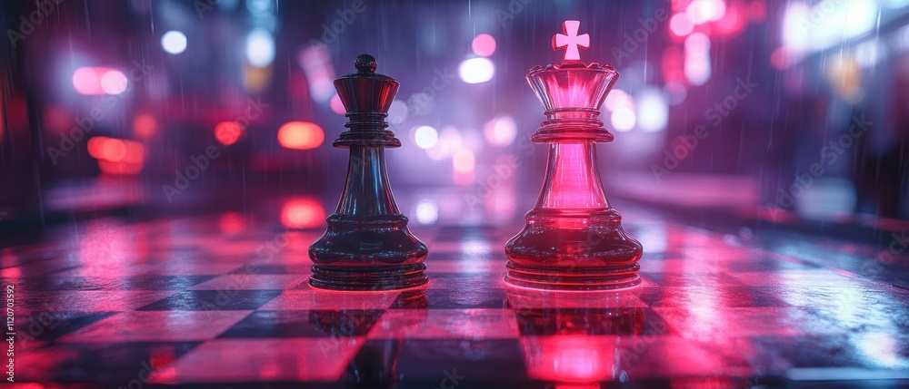 Chess pieces in a neon-lit, rainy environment, creating a dramatic scene. Chess pieces in a neon-lit, rainy environment, creating a dramatic scene.