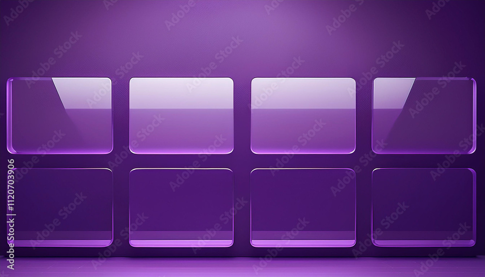 Abstract digital interface with eight translucent rectangular panels arranged in a grid, accented by a glowing pink and blue light streak against a dark gradient background. Futuristic design. Abstract digital interface with eight translucent rectangular panels arranged in a grid, accented by a glowing pink and blue light streak against a dark gradient background. Futuristic design.