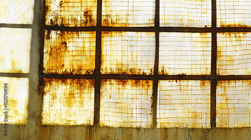 Rusty, gridded window panes, showing signs of age and decay.  Sunlight filters through the aged glass, creating a textured, abstract image.
