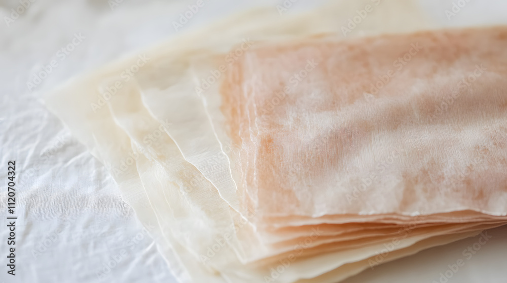 Obraz premium Stack of delicate, translucent fabric sheets in varying shades of beige and peach.