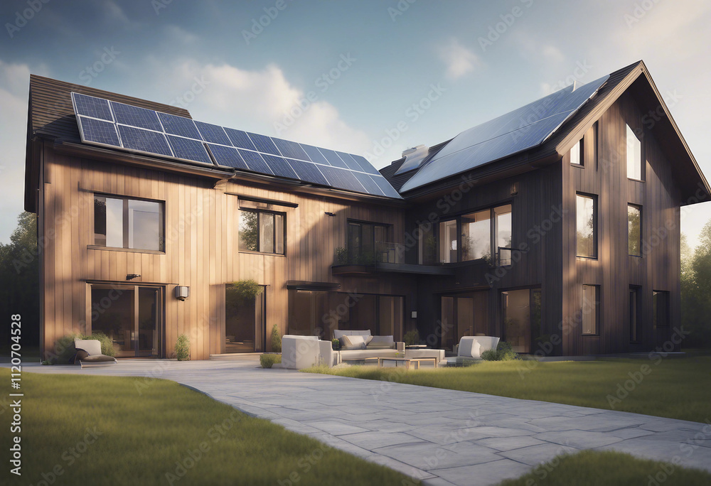 New suburban house with a photovoltaic system on the roof Modern eco friendly passive house with sol New suburban house with a photovoltaic system on the roof Modern eco friendly passive house with sol