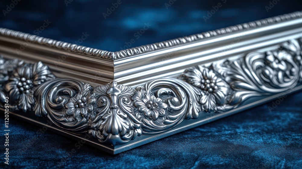 Ornate silver picture frame corner detail. Ornate silver picture frame corner detail.