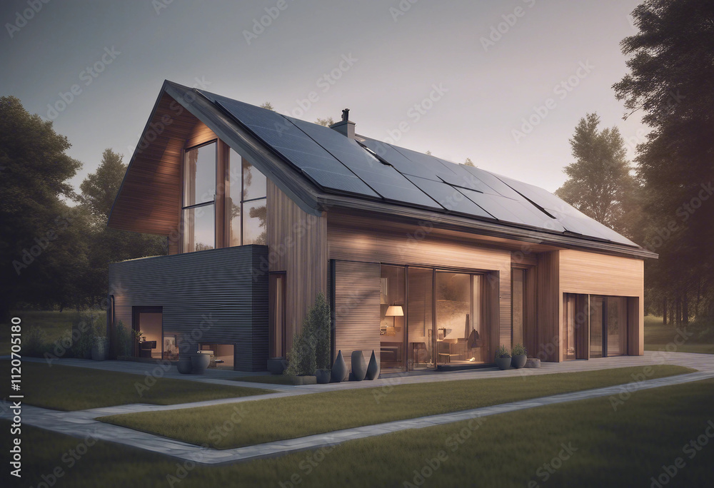 New suburban house with a photovoltaic system on the roof Modern eco friendly passive house with sol