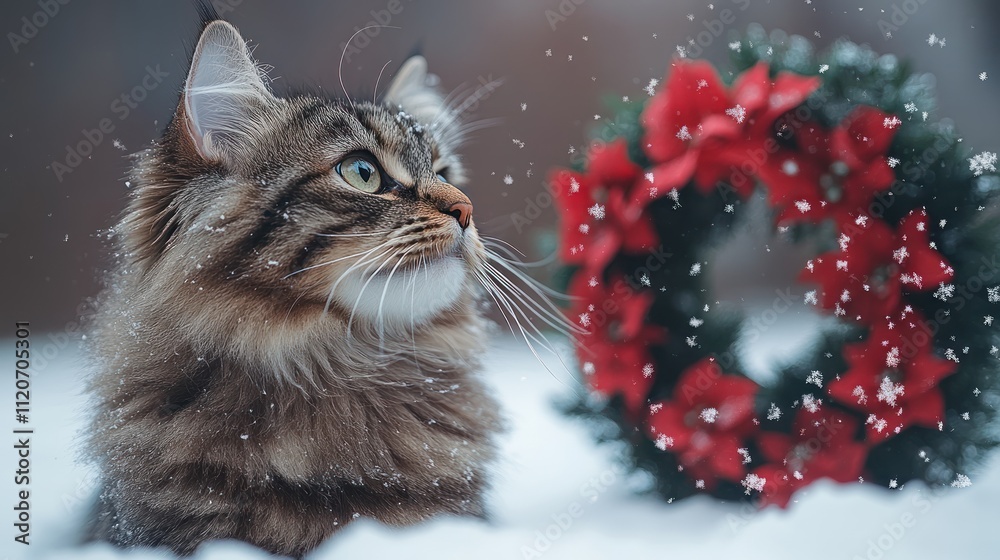 A cat in snow with a festive wreath, evoking holiday spirit. A cat in snow with a festive wreath, evoking holiday spirit.