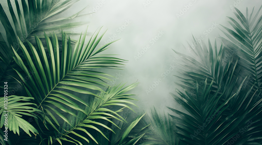 Obraz premium Lush green palm leaves emerge from a misty background, creating a serene and tropical atmosphere.