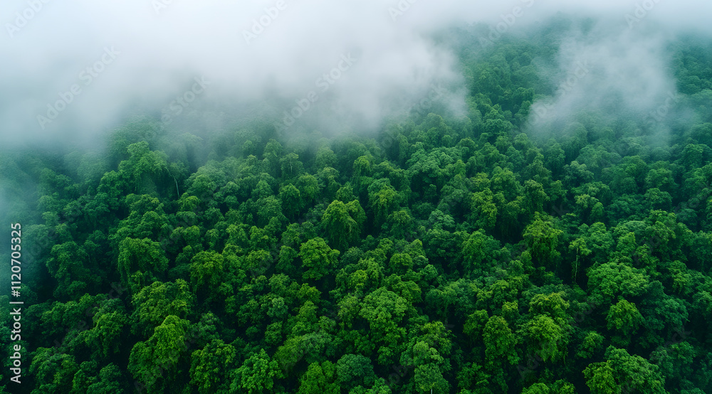 Aerial view of a lush green forest shrouded in mist, showcasing dense foliage and a tranquil, natural atmosphere. Aerial view of a lush green forest shrouded in mist, showcasing dense foliage and a tranquil, natural atmosphere.