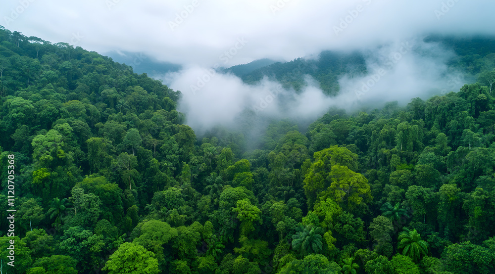 Obraz premium Aerial view of a lush green rainforest enveloped in mist, showcasing dense foliage and mountainous landscapes.