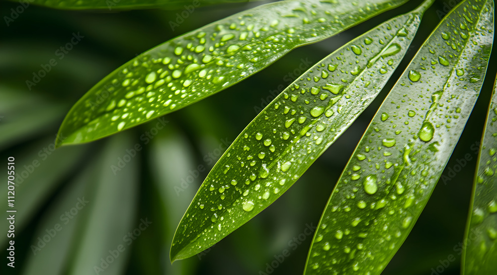 Close-up of green leaves with water droplets, showcasing nature's beauty and freshness. Close-up of green leaves with water droplets, showcasing nature's beauty and freshness.