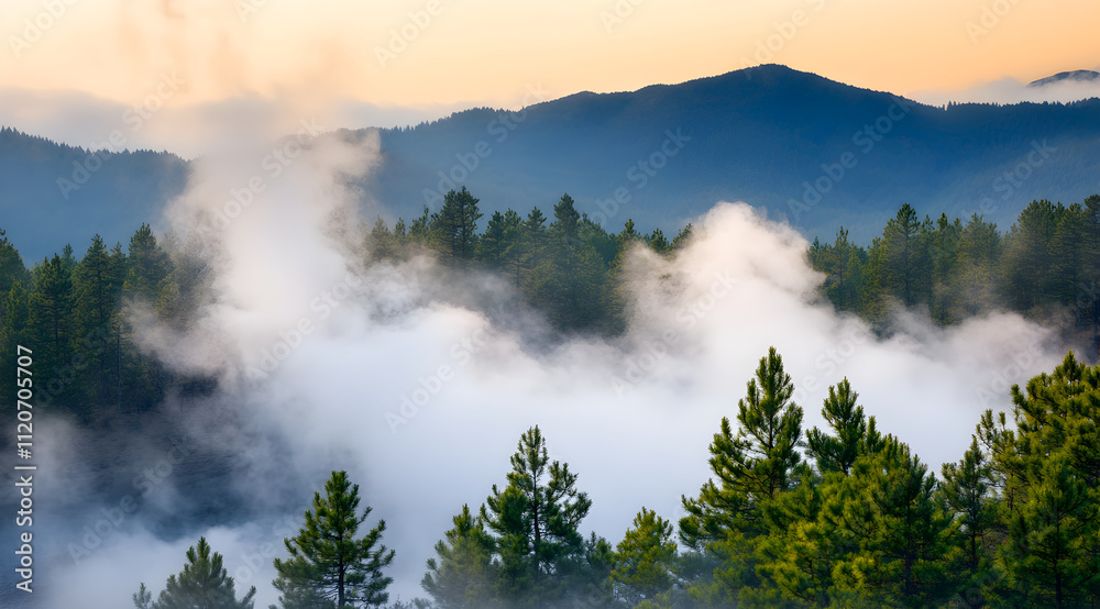 A serene landscape featuring mist rising over dense forests and rolling mountains at sunrise, creating a mystical atmosphere. A serene landscape featuring mist rising over dense forests and rolling mountains at sunrise, creating a mystical atmosphere.