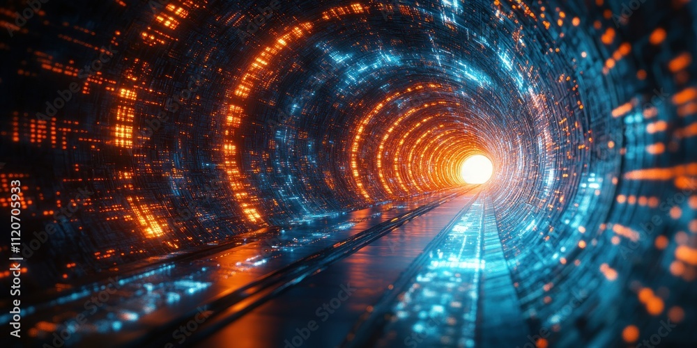 High Speed Data Transfer in a Futuristic Tunnel of Flowing Blue and Orange Streams with Dynamic Motion and Depth Effects