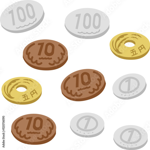 日本のお金、硬貨、100円、10円、5円、1円のベクターイラスト