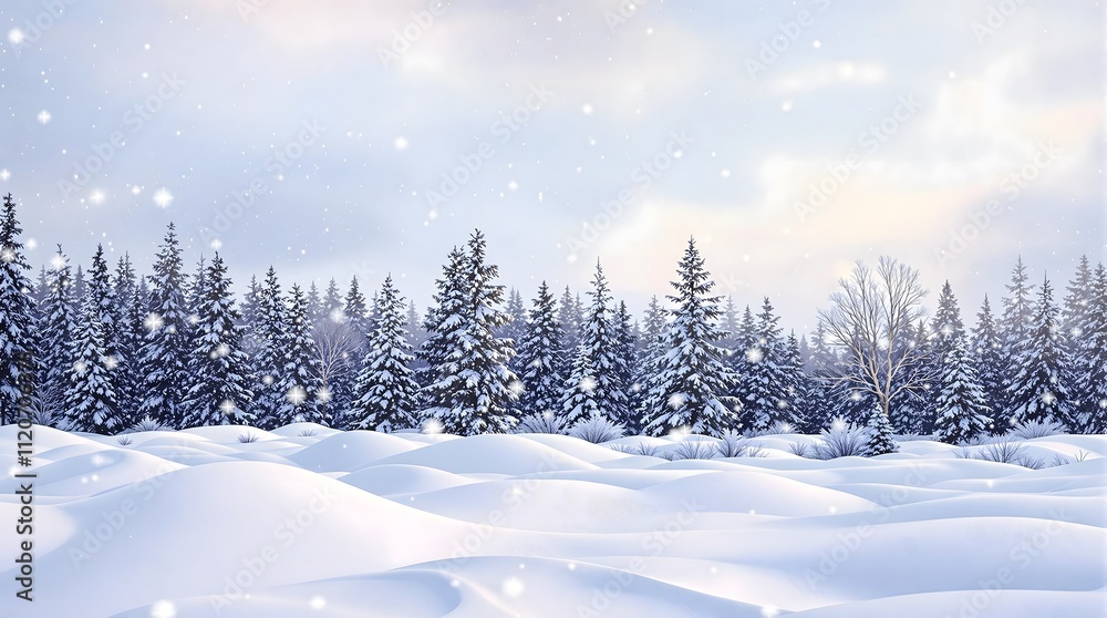 Winter Wonderland Background with Snow-Covered Trees and Falling Snow Winter Wonderland Background with Snow-Covered Trees and Falling Snow