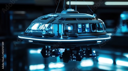 A sci-fi inspired miniature floating home, suspended above water with anti-gravity supports and luminous details  photo