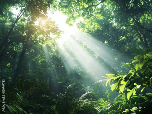 Sunbeams piercing through lush green forest canopy.