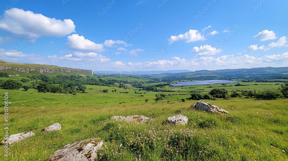 Scenic landscape with green fields, rocks, lake, and wind turbines under a blue sky. Scenic landscape with green fields, rocks, lake, and wind turbines under a blue sky.