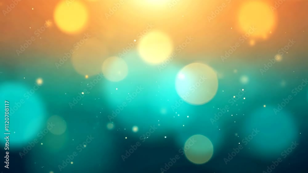 Abstract bokeh background with glowing orange and turquoise circles and floating particles