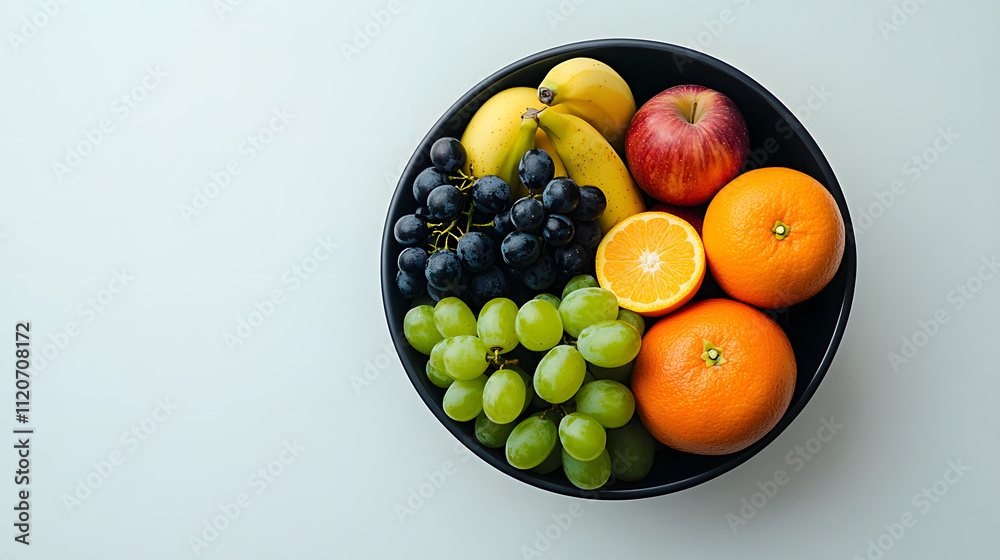 A black bowl filled with an assortment of fresh fruits including bananas, apples, oranges, and green and black grapes. The fruit is arranged attractively, making a healthy and vibrant image. A black bowl filled with an assortment of fresh fruits including bananas, apples, oranges, and green and black grapes. The fruit is arranged attractively, making a healthy and vibrant image.