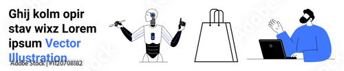 Human-thumbs up robot holding tools near a bag and a man using a laptop on the right. Ideal for AI, e-commerce, technology, coding, productivity, robotics, and online shopping. Landing page
