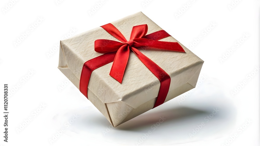 Simple white paper craft gift box with red ribbon bow in dynamic angle. Background, anniversary and special day with present, wallpaper, with copy space Simple white paper craft gift box with red ribbon bow in dynamic angle. Background, anniversary and special day with present, wallpaper, with copy space