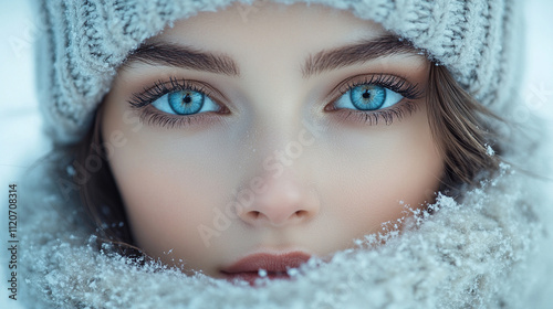 Gorgeous Scandinavian girl dressed warmly in a cozy sweater, enjoying the serene winter landscape with snow-covered trees, exuding calm and elegance in a peaceful natural setting