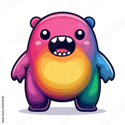 A colorful, cartoonish bear character with a wide smile and exaggerated features, showcasing vibrant hues of pink, yellow, and blue, evoking a playful and whimsical vibe.