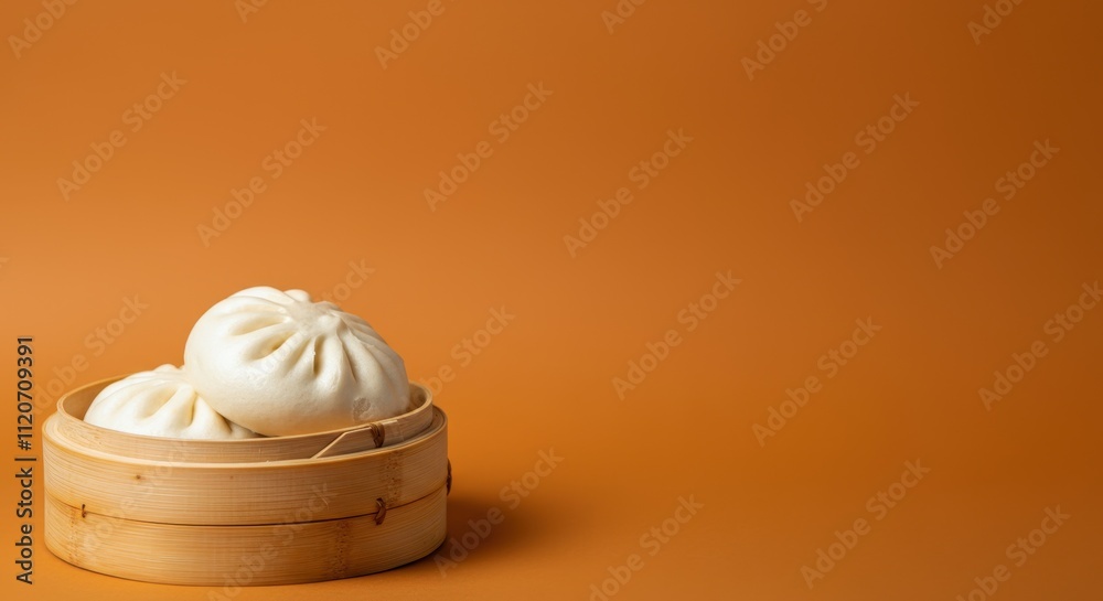 Steamed buns in bamboo steamer on orange background