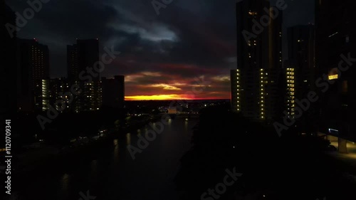 Ala Moana Boulevard Beach Night Dron Footage Honolulu Scenic Cityscape photo