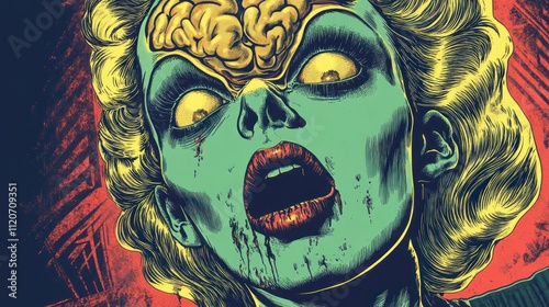 Vintage horror sci-fi art illustration of a zombie alien woman with a glass brai
