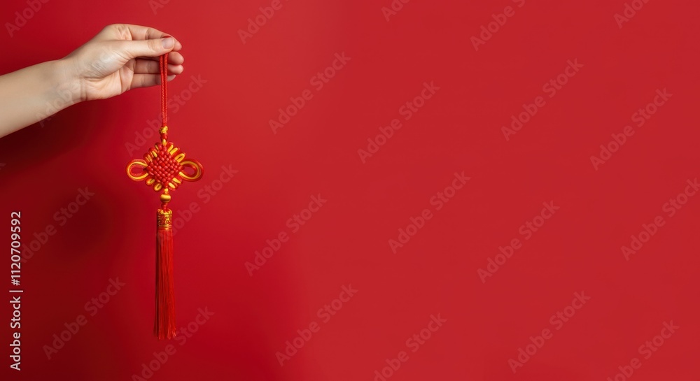 Obraz premium Hand holding traditional Chinese knot decoration against red backdrop