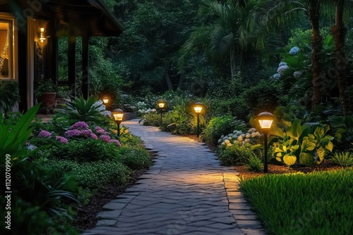 Cozy Garden Pathway with Ambient Lighting Design for Residential Landscaping