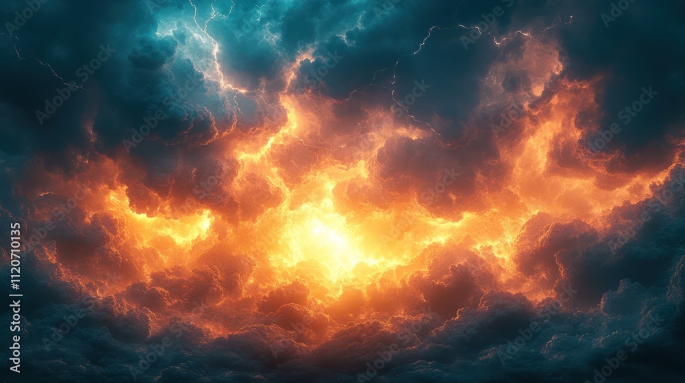 Fiery orange and blue storm clouds with bright light.