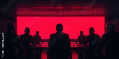 A group of silhouetted figures sits around a table, facing a large, glowing red screen, creating a tense and dramatic atmosphere.