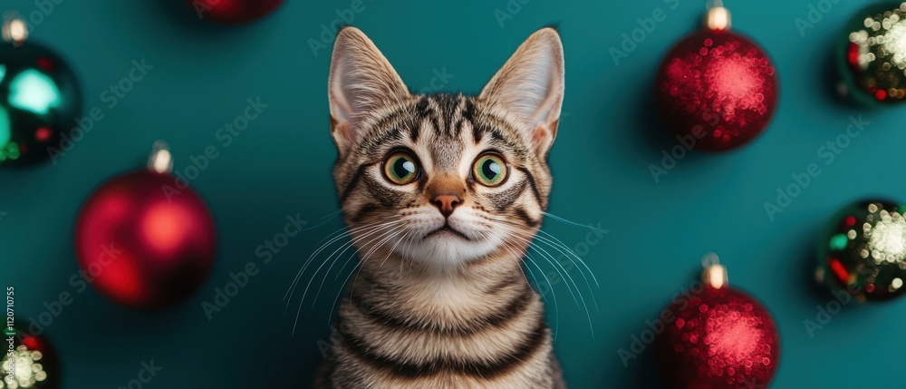 Cute Kitten with Christmas Ornaments Festive Pet Photo Cute Kitten with Christmas Ornaments Festive Pet Photo
