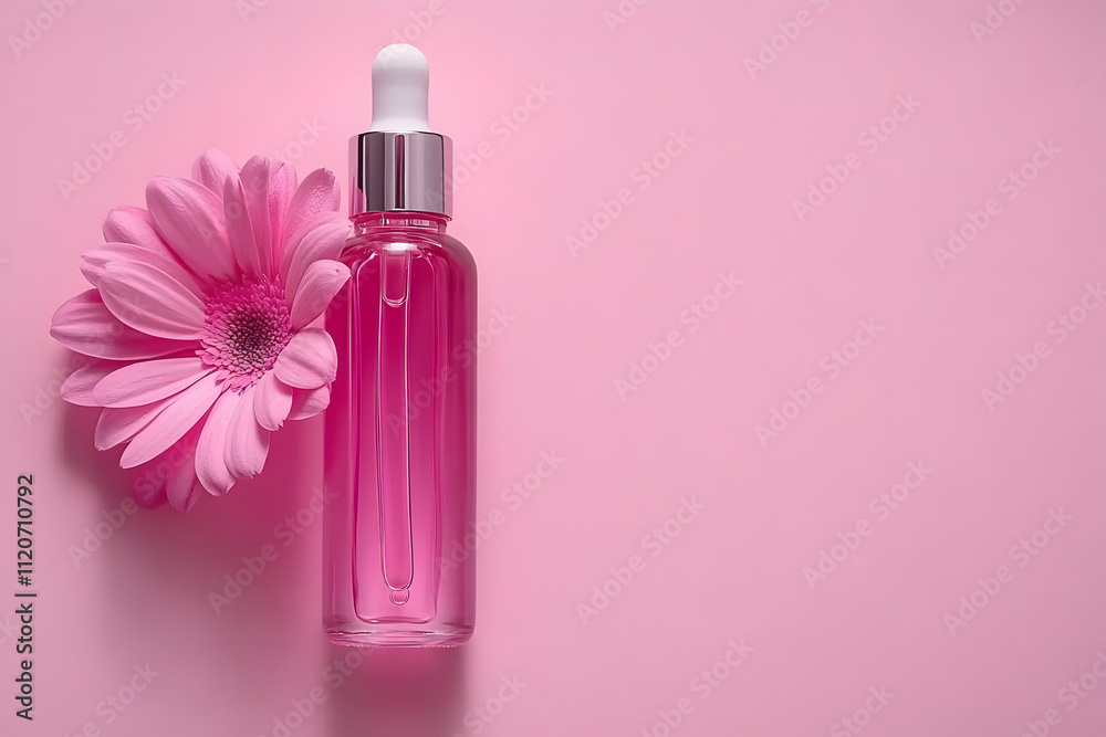 Pink floral essential oil in glass bottle.