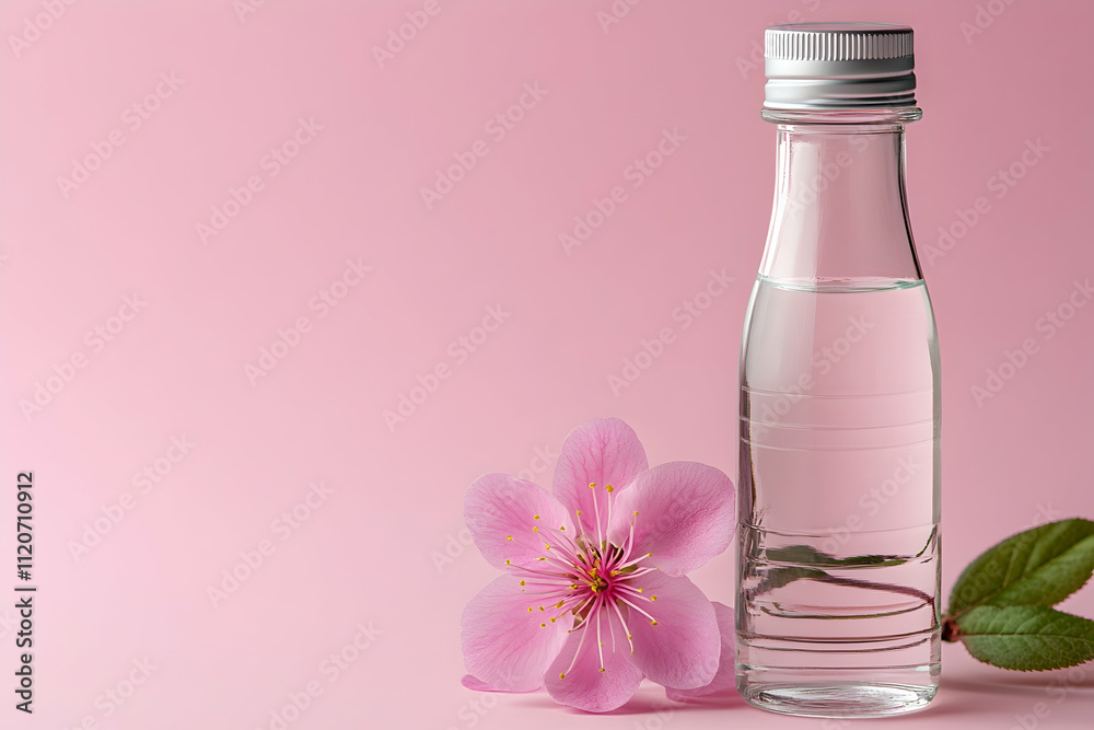 Pink flower beside clear bottle on pink background. Pink flower beside clear bottle on pink background.