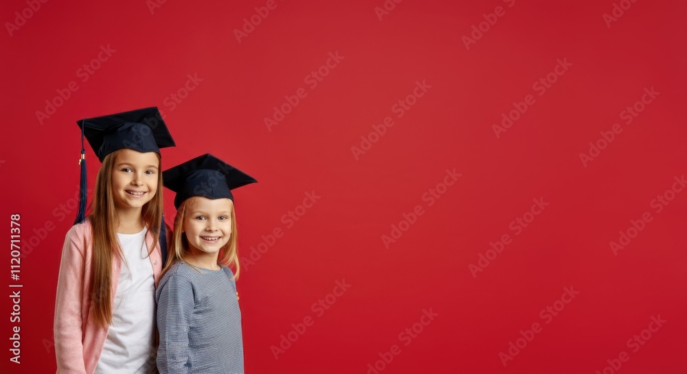 Two young girls in graduation caps smiling against red background Two young girls in graduation caps smiling against red background