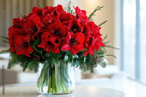 Beautiful Cbouquet of red amaryllis flowers with pine branches in a glass vase photo